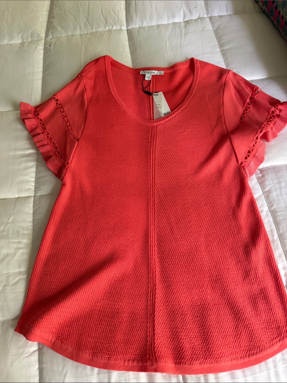 Chico’s Coral Short-Sleeve Ruffle Trim Knit Top
